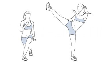 curtsy lunge side kick exercise illustration spotebi 1024x68 1 عضلات اصلی: عضله چهارسر، باسن، هسته بدن عضلات فرعی: کپل‌، ران تجهیزات ورزشی: نیازی به وسیله ورزشی ندارد.