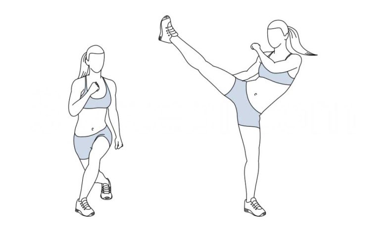 curtsy lunge side kick exercise illustration spotebi 1024x68 1 عضلات اصلی: عضله چهارسر، باسن، هسته بدن عضلات فرعی: کپل‌، ران تجهیزات ورزشی: نیازی به وسیله ورزشی ندارد.
