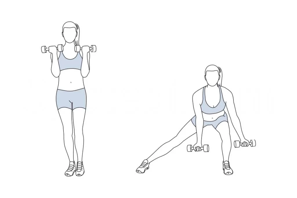 side lunge curl exercise illustration spotebi 1024x683 1 jpg عضلات اصلی: باسن، چهارسر، بخش داخلی ران، دوسر عضلات فرعی: پشت ران، ساعد، هسته بدن تجهیزات ورزشی: یک جفت دمبل نحوه انجام ورزش کرل لانژ جانبی ۱) صاف بایستید و پا‌ها را به اندازه عرض کپل از هم باز کنید.